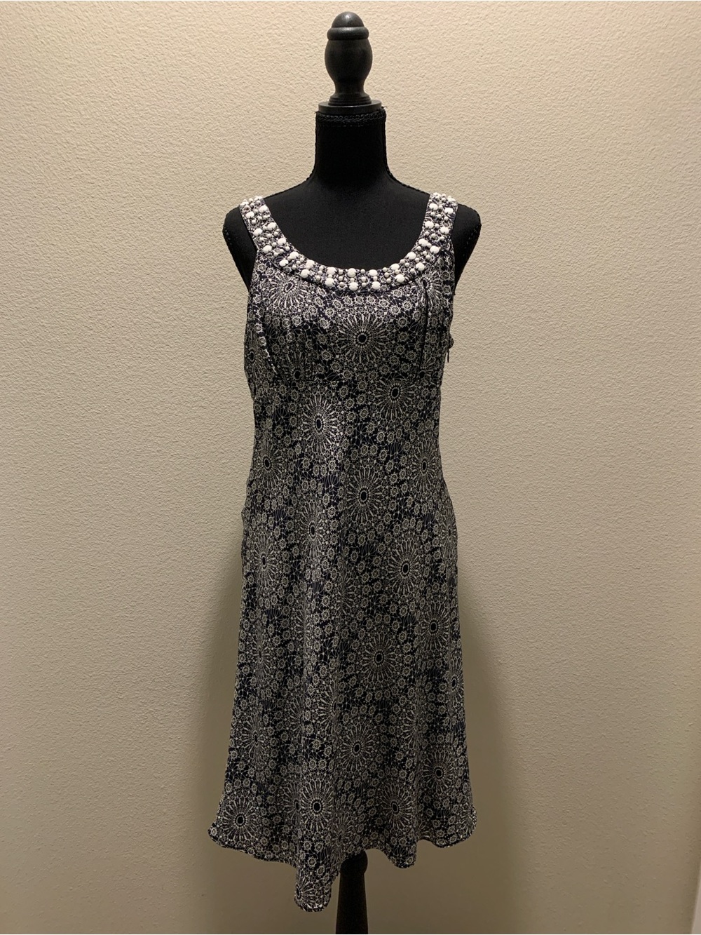 Ann Taylor LOFT 100% Silk Shell Black and White Beaded-Neck Mini Dress (Size 10)